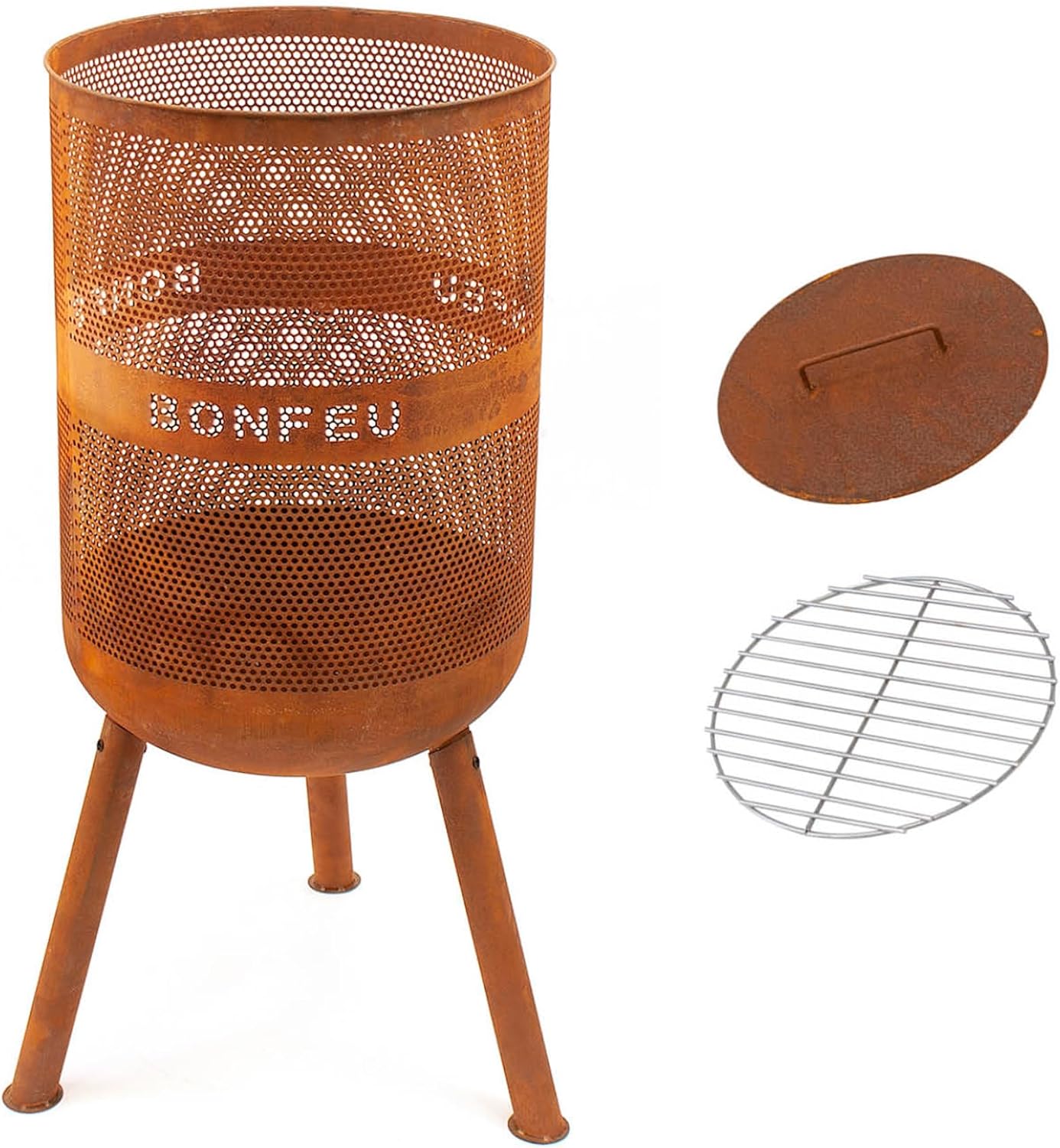 BonFeu Bonves Ø 45cm Rost - Feuerkorb für den Garten - Feuertonne & Feuerstelle - aus stabilem Stahl - Mit Grillrost & Schürhaken zum Kochen - Feuerkorb mit Grillrost