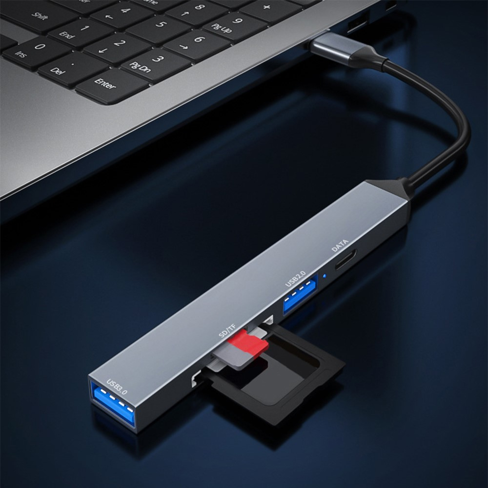 USB C 5 in 1 OTG Multiport Adapter HUB mit 1x USB C (480Mbit/s) / 1x USB 2.0 / 1x USB 3.0 / 1x SD-Kartenleser / 1x MicroSD-Kartenleser - Grau