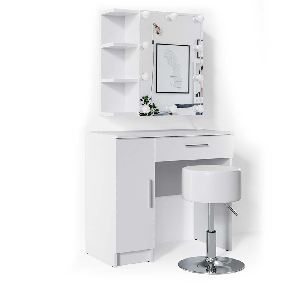 Vicco Schminktisch Fynnia Frisiertisch Kommode Frisierkommode Spiegel Weiß inklusive Hocker und LED-Lichterkette