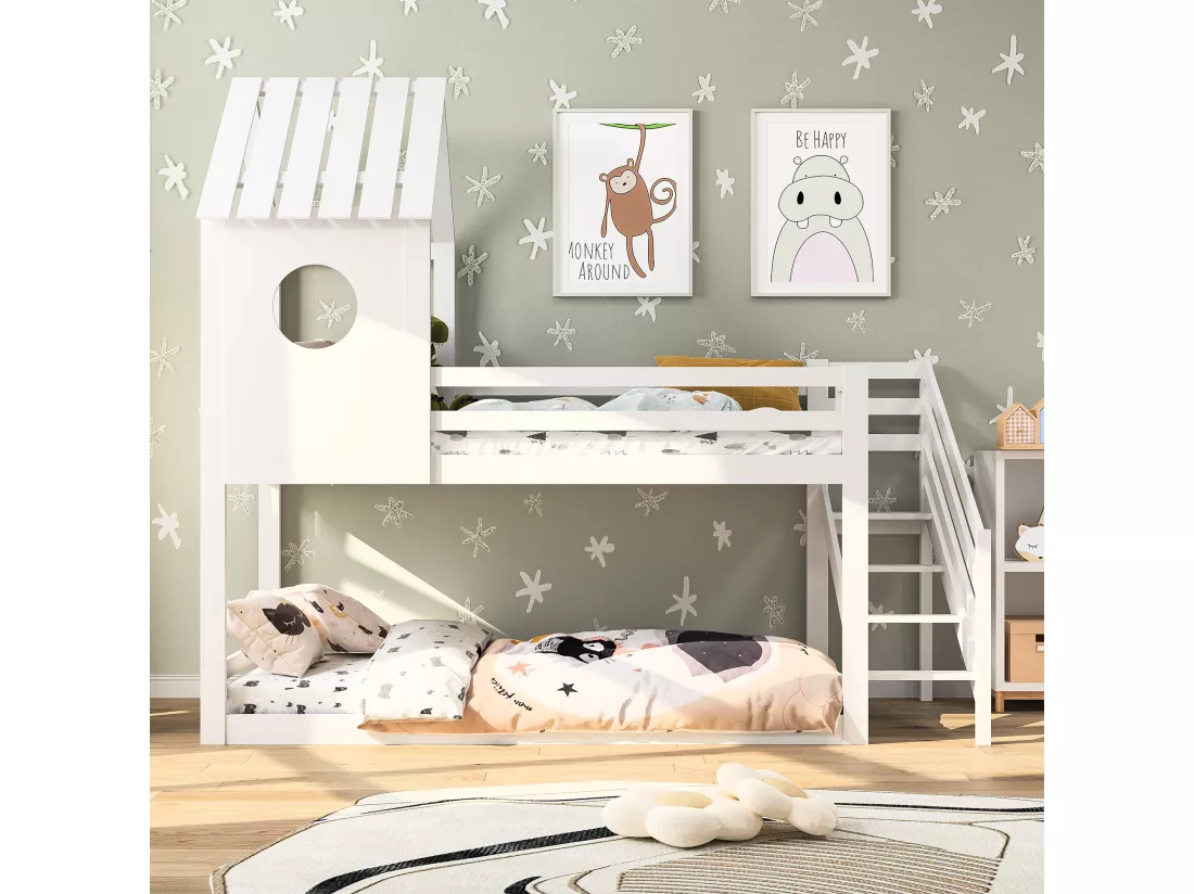 Lit cabane 90x200cm, Lit superposé avec Garde-Corps, Forme Toit, Lit en Bois Massif avec sommiers à Latte pour 2 Personnes, Blanc