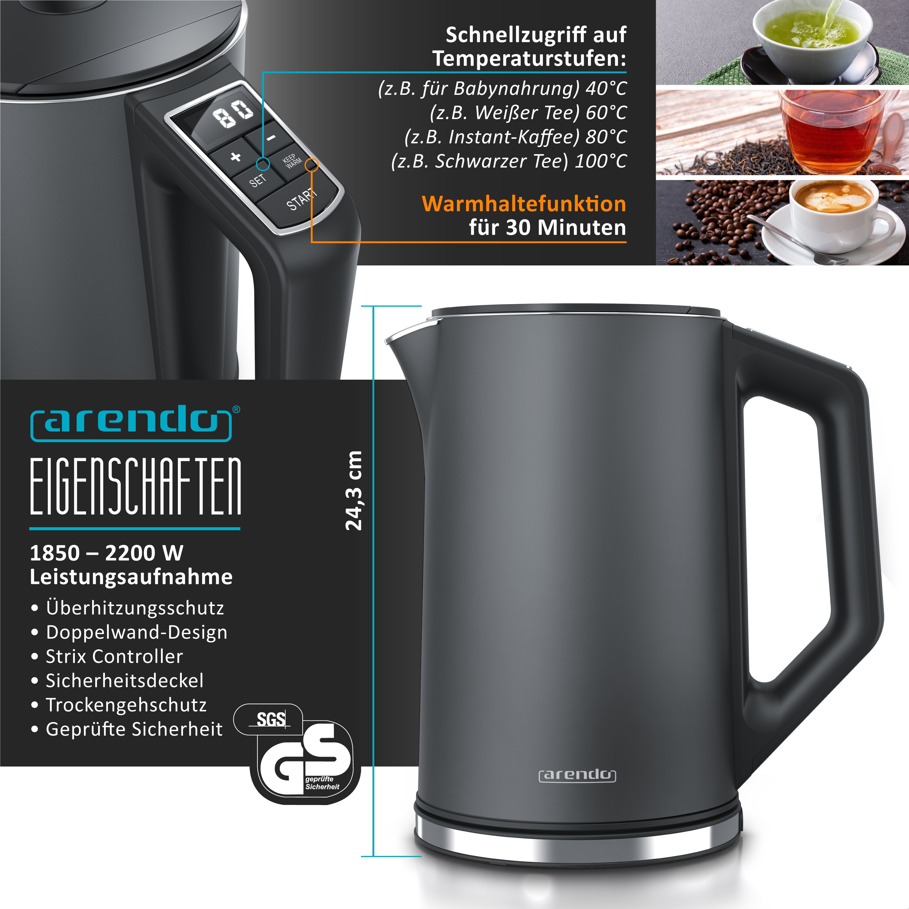Arendo Frühstücks-Set 3-teilig, 4-Scheiben Langschlitztoaster, 8er Eierkocher, 1,5L Wasserkocher, Grau