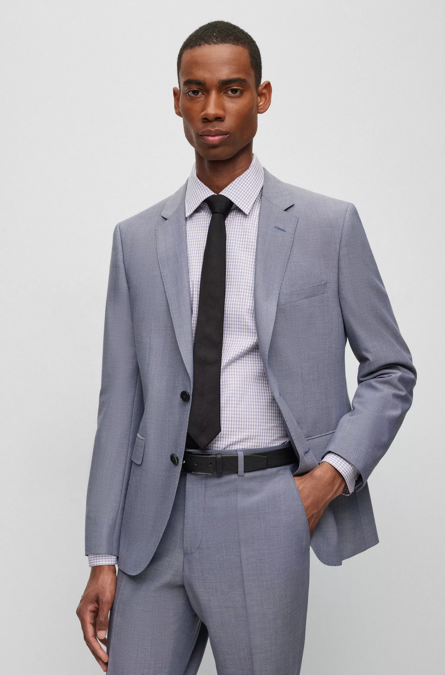 Camisa BOSS preta de corte regular em algodão elástico xadrez.