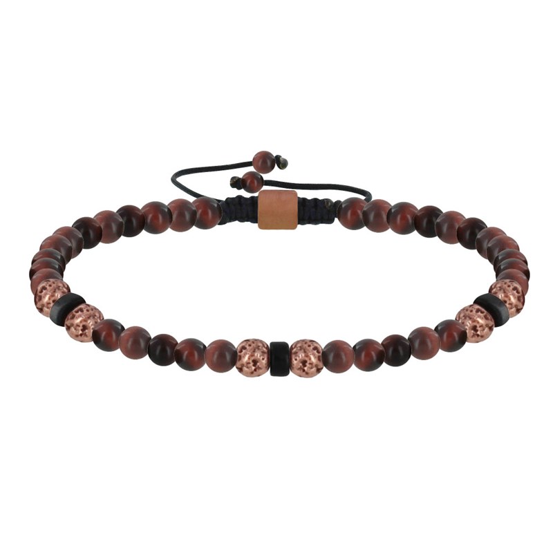 Bracelet Lien Homme Perles Rondes Acier Cuivré et Oeil de Tigre - taille 18 cm