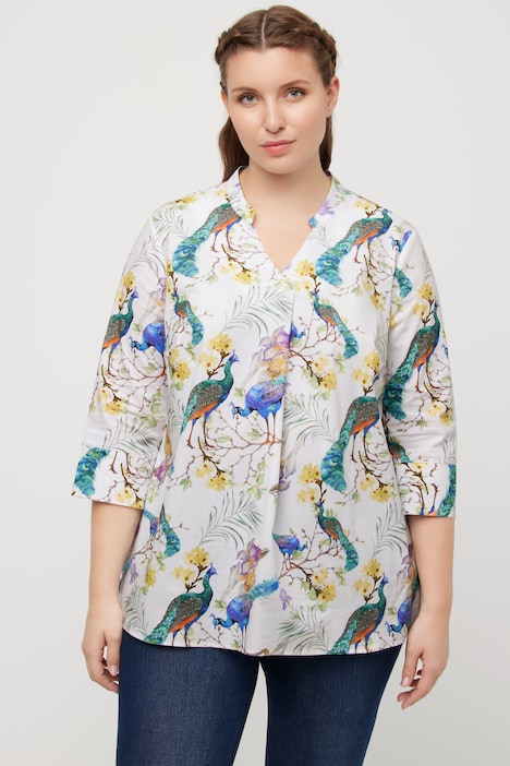 Bluse, Pfauen, Stehkragen, V-Ausschnitt, 3/4-Arm