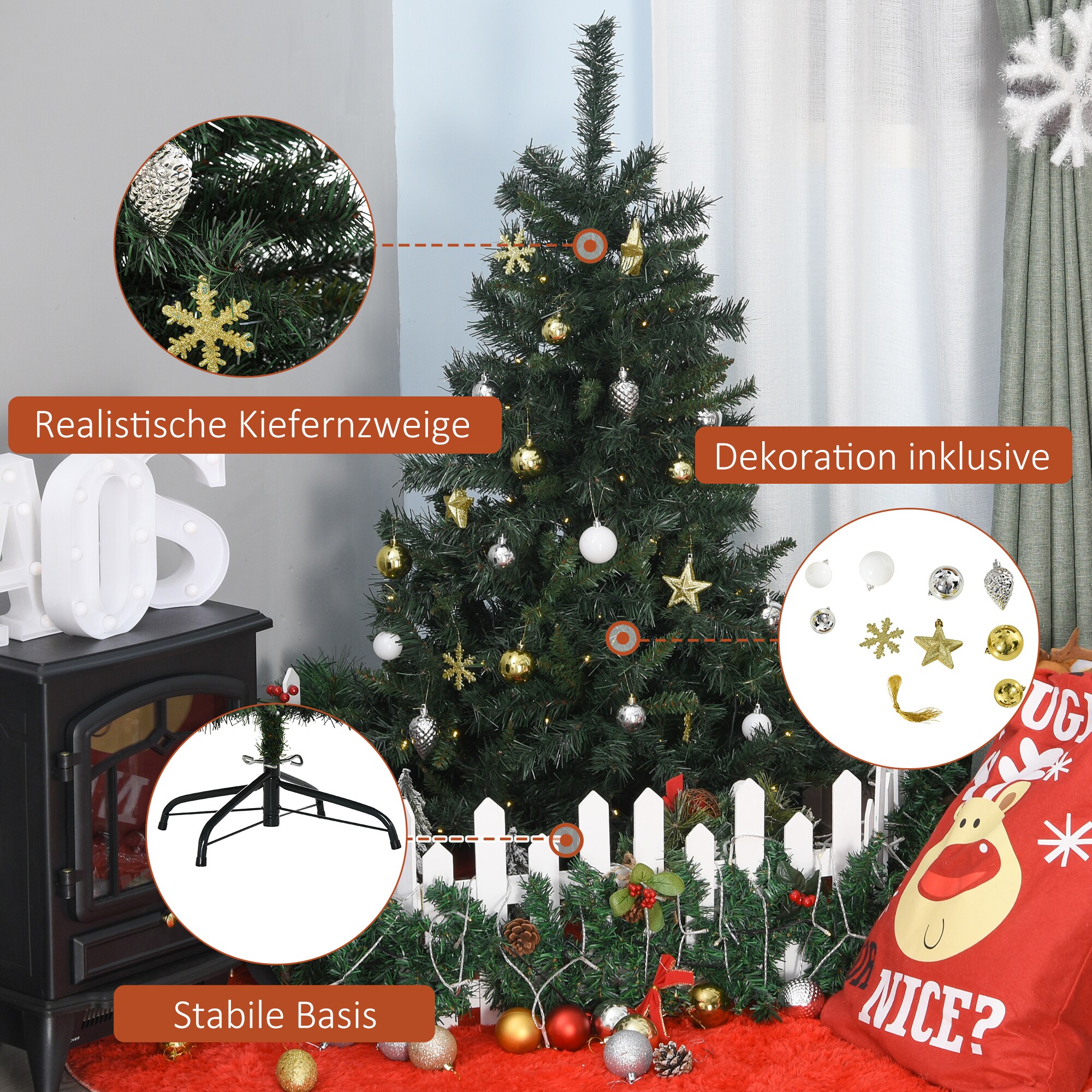 HOMCOM Künstlicher Weihnachtsbaum mit 80 LEDs grün 75 x 120 cm (ØxH)