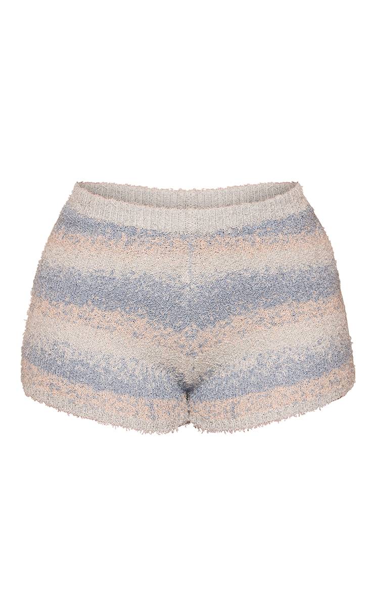 Bleu Short Mini Ajusté En Maille Brossée À Rayures Petite