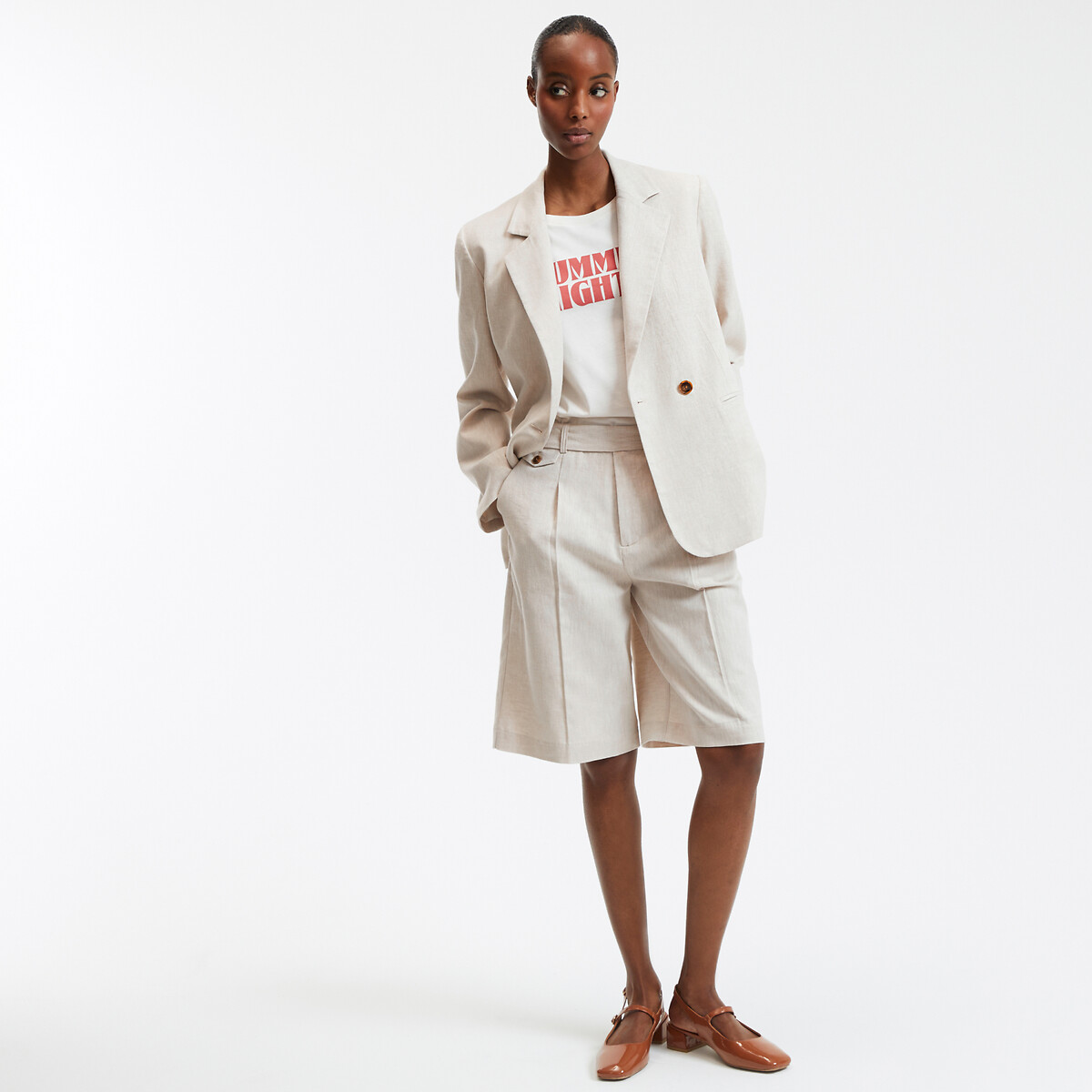 COLEÇÕES LA REDOUTE<br>Blazer assimétrico com fecho de botão em linho e algodão