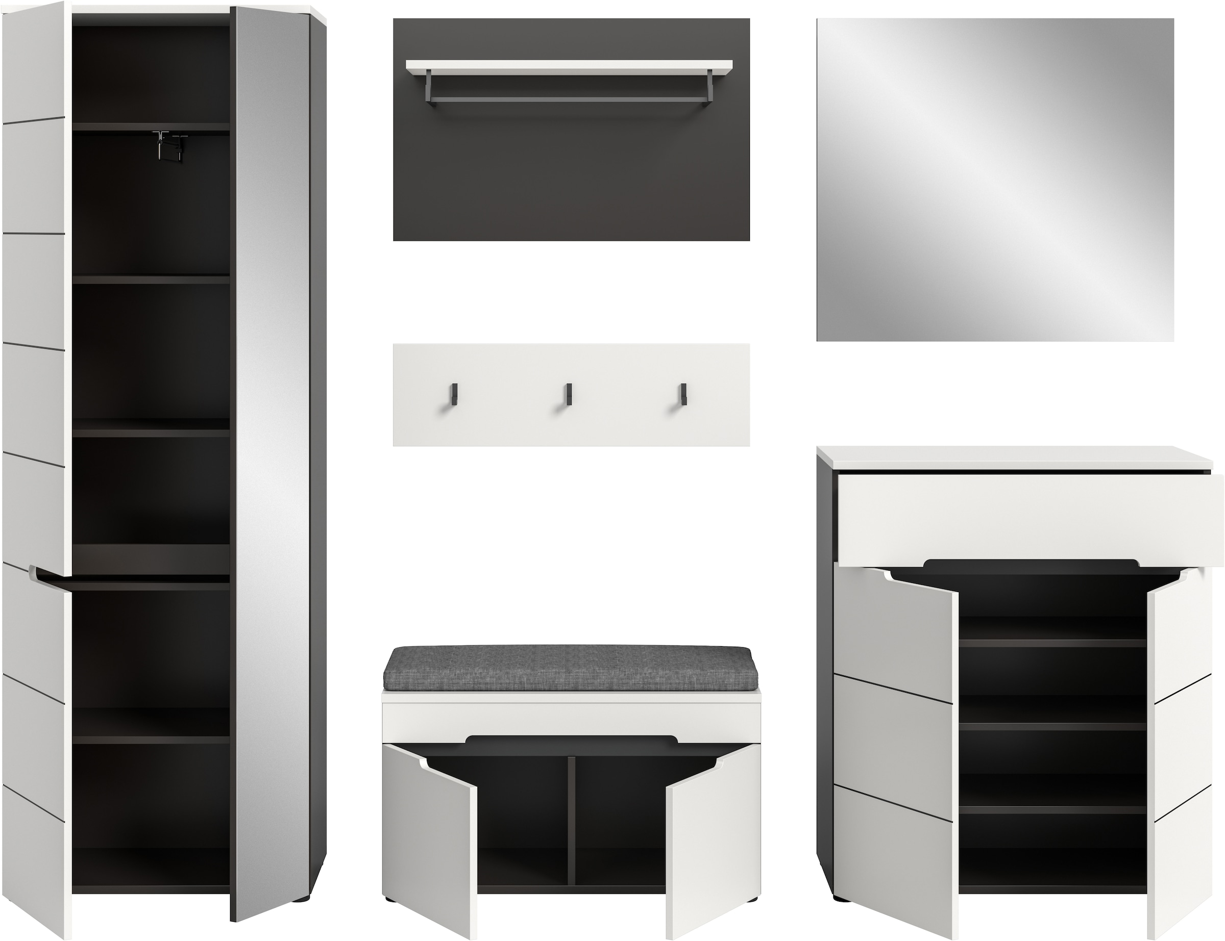 INOSIGN Garderoben-Set »REHAT, TOPSELLER!, 6-teilig, Breite 255 cm, individuell erweiterbar« Set, Schrank, Sitzbank, Sitzkissen, Paneel, Hakenleiste, Spiegel, Kommode, 6 Stk. tlg.