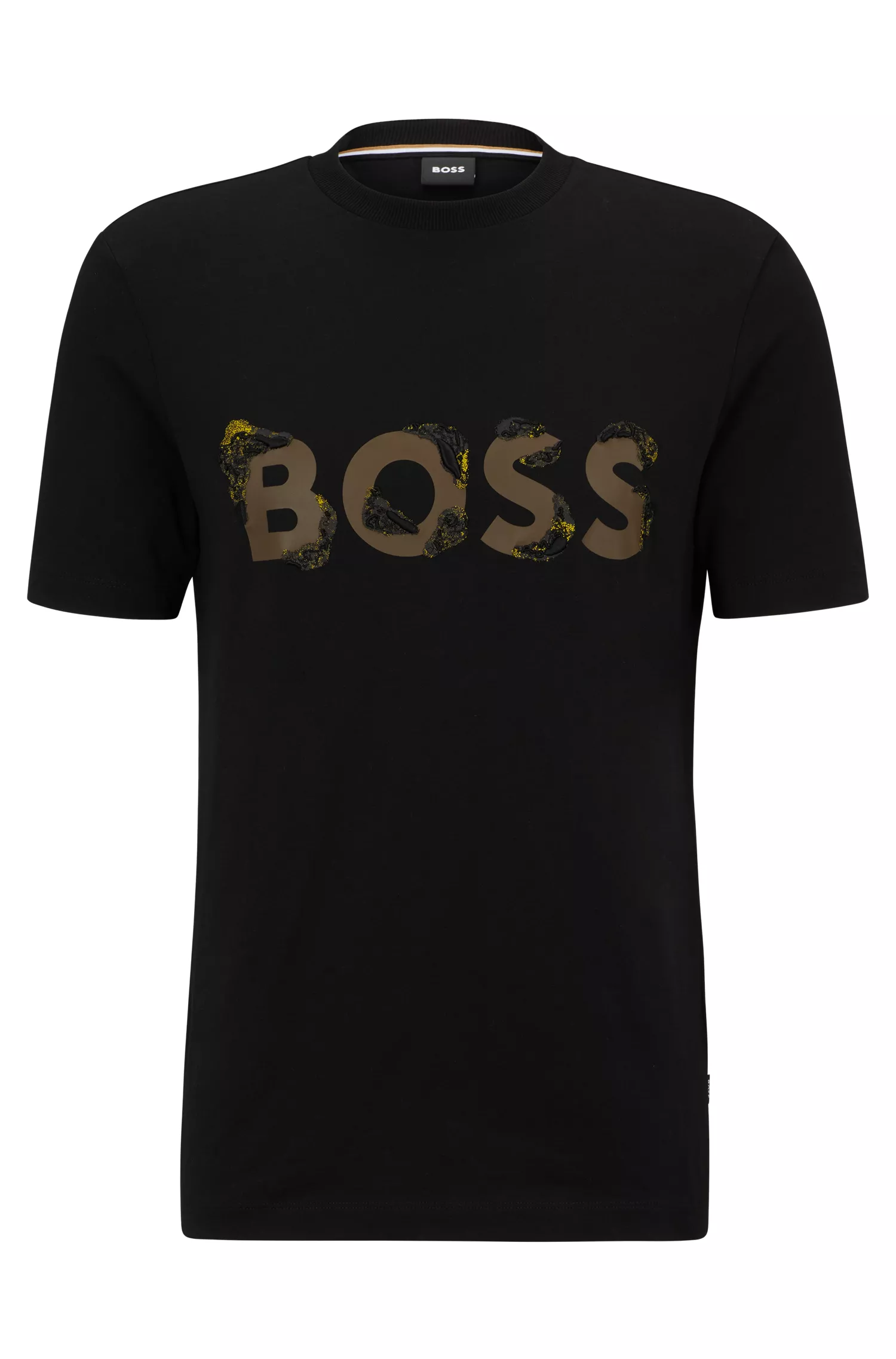 Camiseta BOSS preta em malha de algodão com logotipos estampados e bordados.