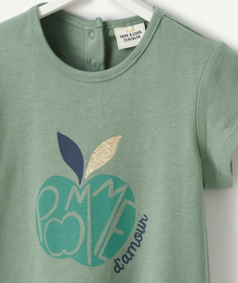 T-SHIRT BÉBÉ FILLE EN COTON BIOLOGIQUE VERT AVEC POMME IMPRIMÉ