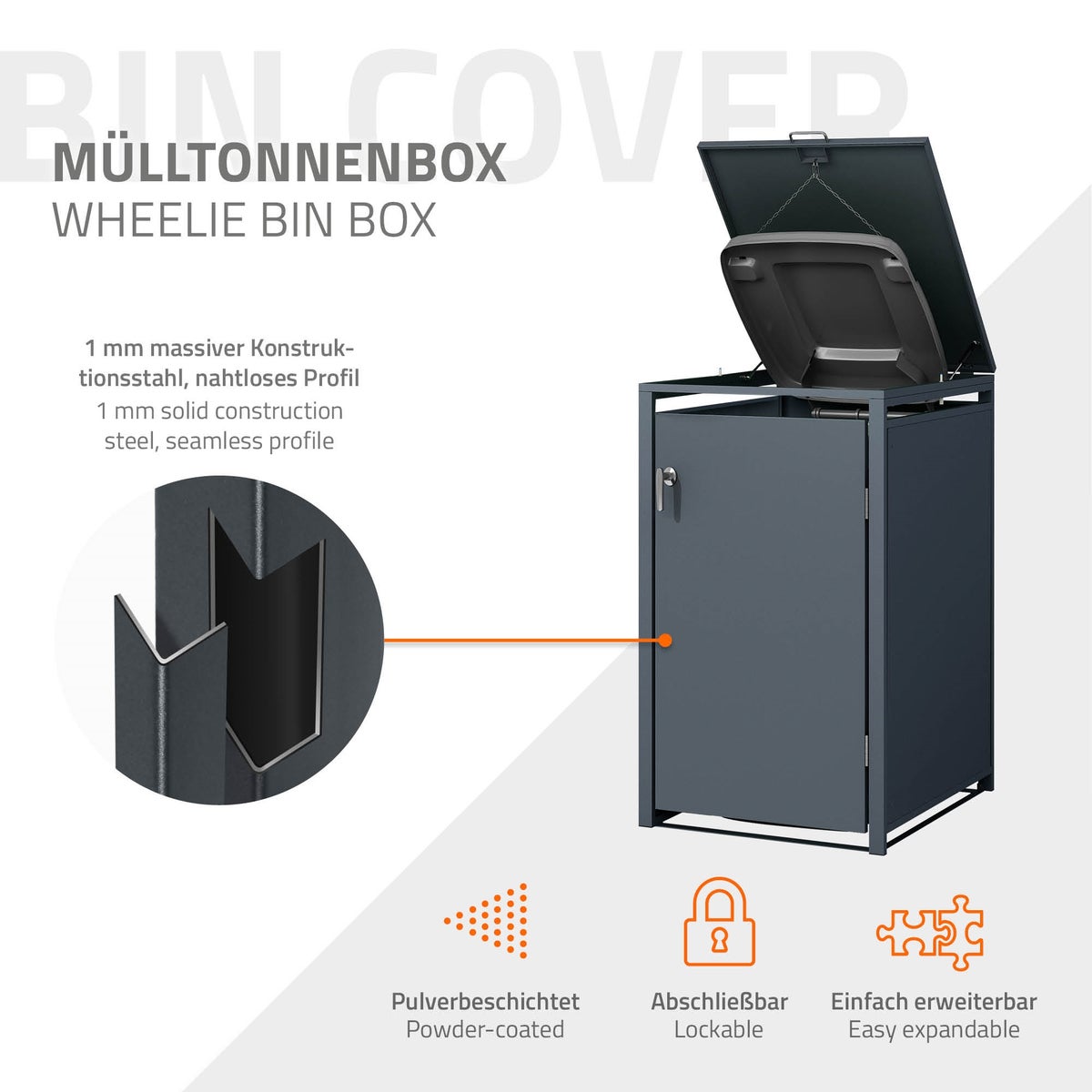 ML-Design Enkele Bak Opbergkast voor 1 Bak, 240L, 68x80x116,3 cm, Antraciet, Staal, Weerbestendig, Afsluitbare Bakbehuizing met Scharnierend Deksel en Deur, Bakbox, Bakcontainer, Bakdeksel