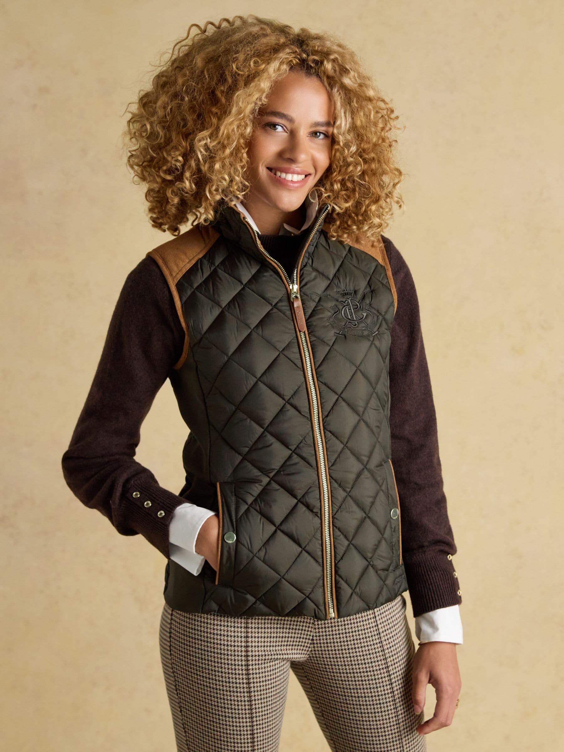 Kakigroen - Joules Braemar luxe regenbestendige geruite doorgestikte bodywarmer
