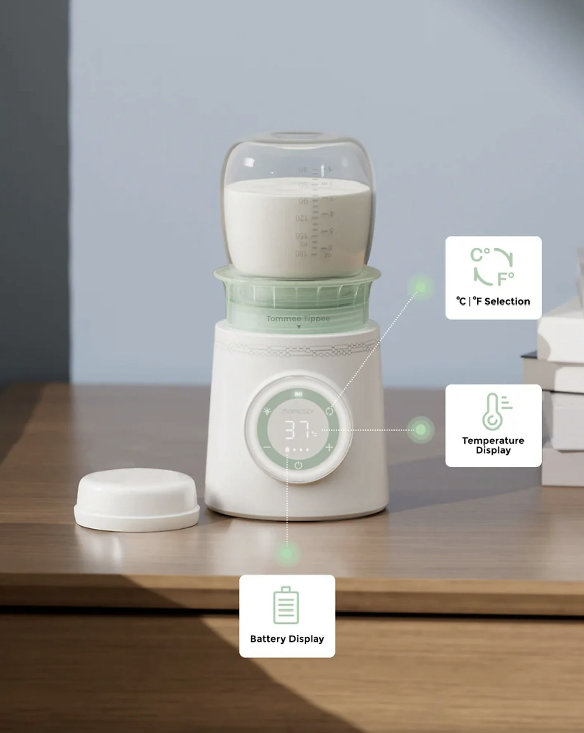 Portabler Baby Flaschen Wärmer mit Schnellaufheizung für Unterwegs (MW003-WH12BA-A) - Weiss / Grün