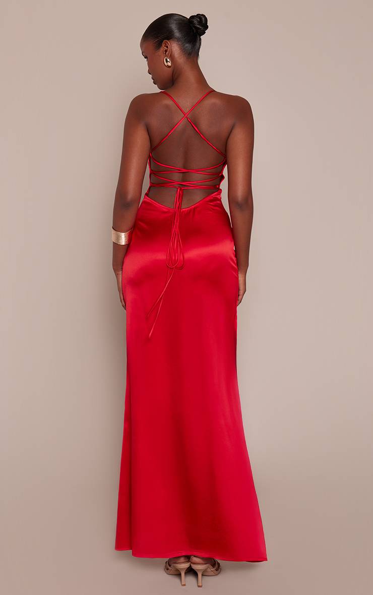 Rouge Robe Longue En Satin Avec Nœud Au Dos