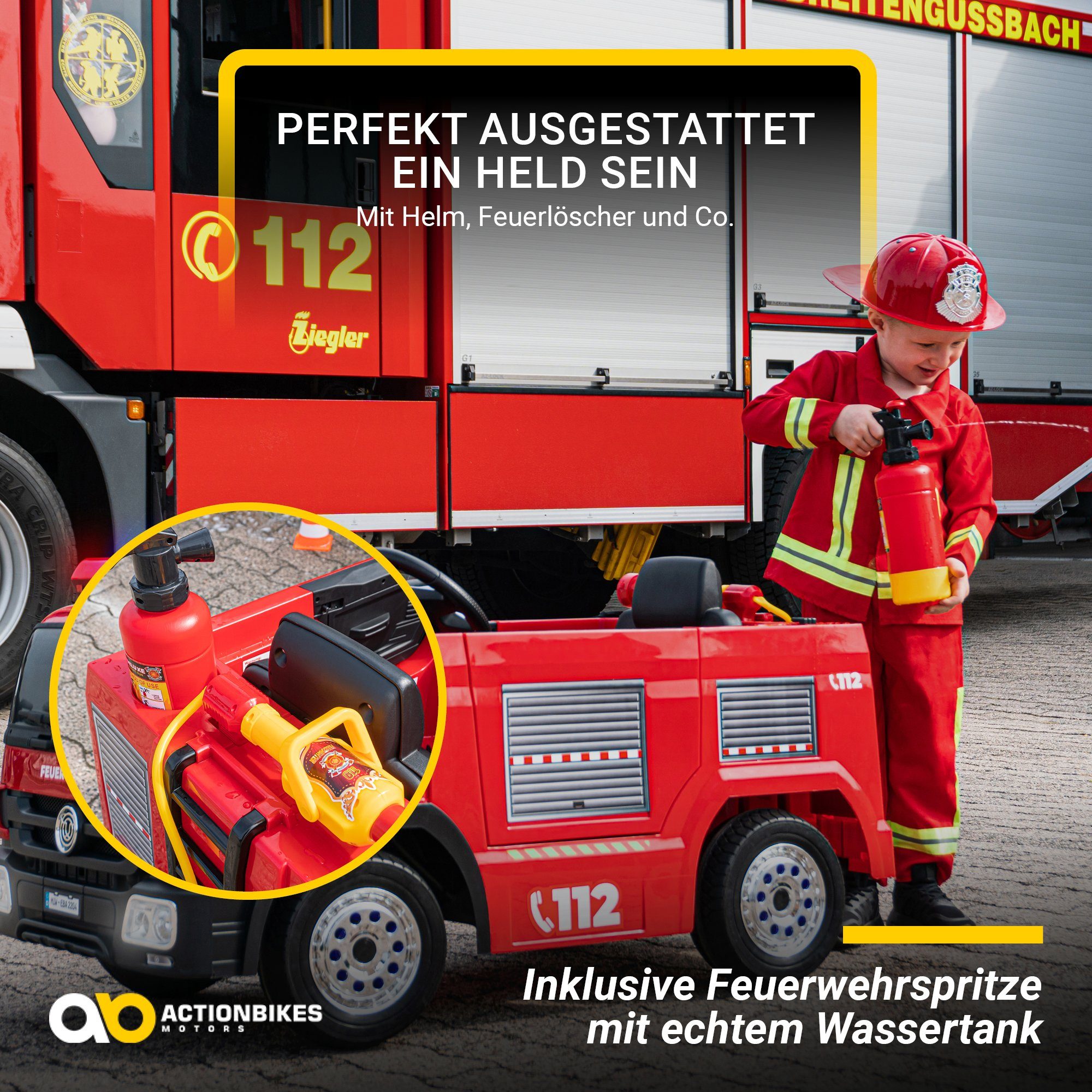 Actionbikes Motors Caminhão de Bombeiros Elétrico Infantil SX1818 - Controle Remoto - Lançador de Água, Capacidade de Peso de 40 kg (Conjunto de 4 peças), Brinquedo Infantil para Crianças a partir de 3 Anos, Elétrico - Sirene e Bluetooth