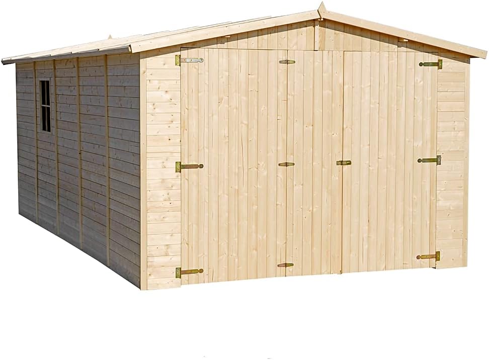 TIMBELA M101 Holzgarage - Abstellraum mit Fenstern - H222x516x324 cm/15 m² Shiplap-Schuppen aus Naturholz - Gartenwerkstatt - Auto- und Geräteschuppen