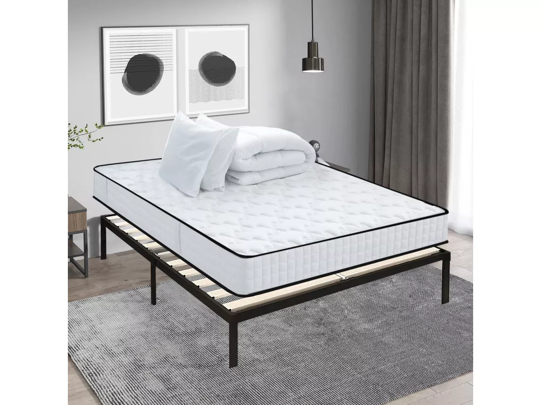 Lit Ensemble Matelas et Sommier 140x190 cm - Matelas 140x190x14cm Mousse avec 1 Couette 220x240 cm et les 2 Oreillers 60x60 cm- Sommier 140x190cm avec Pieds (Deux colis)