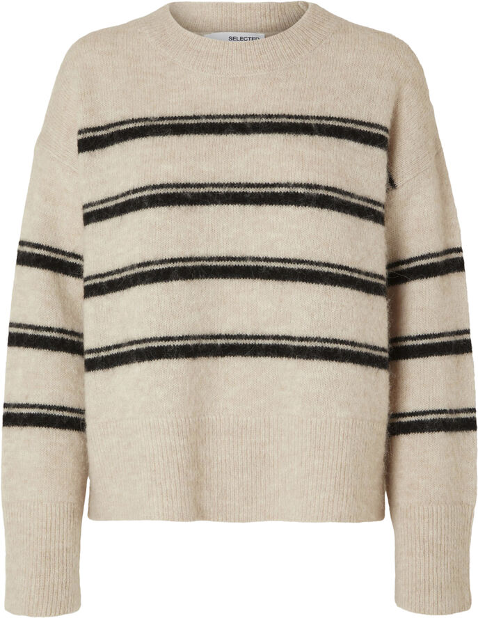 Selected Femme SLFALVA LS STRIPE O-NECK ALPACA BLEND KNIT EX Birch/black