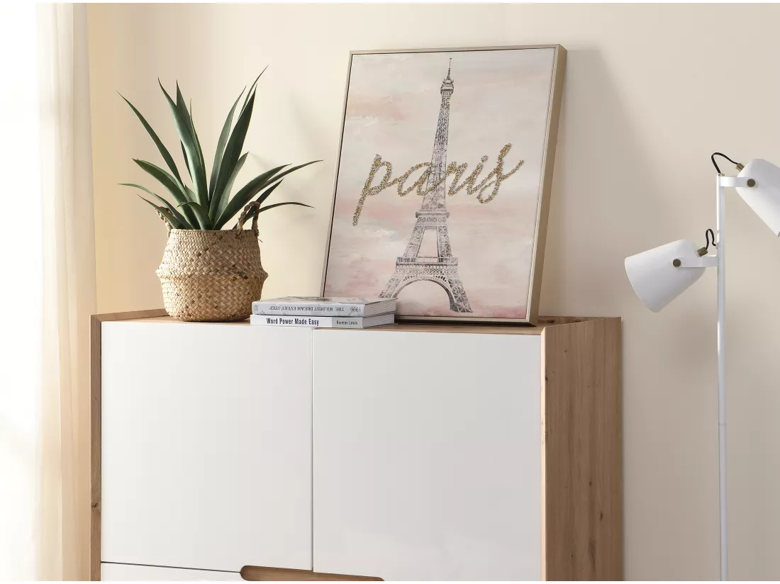 Toile imprimée Paris avec bijoux - L. 54 x H. 64 cm - Cadre en pin - LUTECE