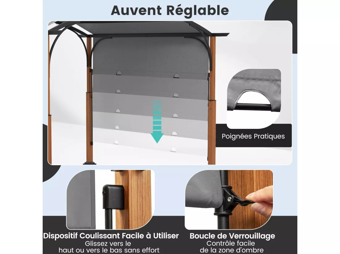 Pergola Rétractable d'Extérieur 300 x 360 CM, Pergola Métallique à Arcs pour Patio avec Auvent Rétractable Poteaux Aspect Bois, Tonnelle Treillis pour Jardin Patio Porche Cou (Gris)