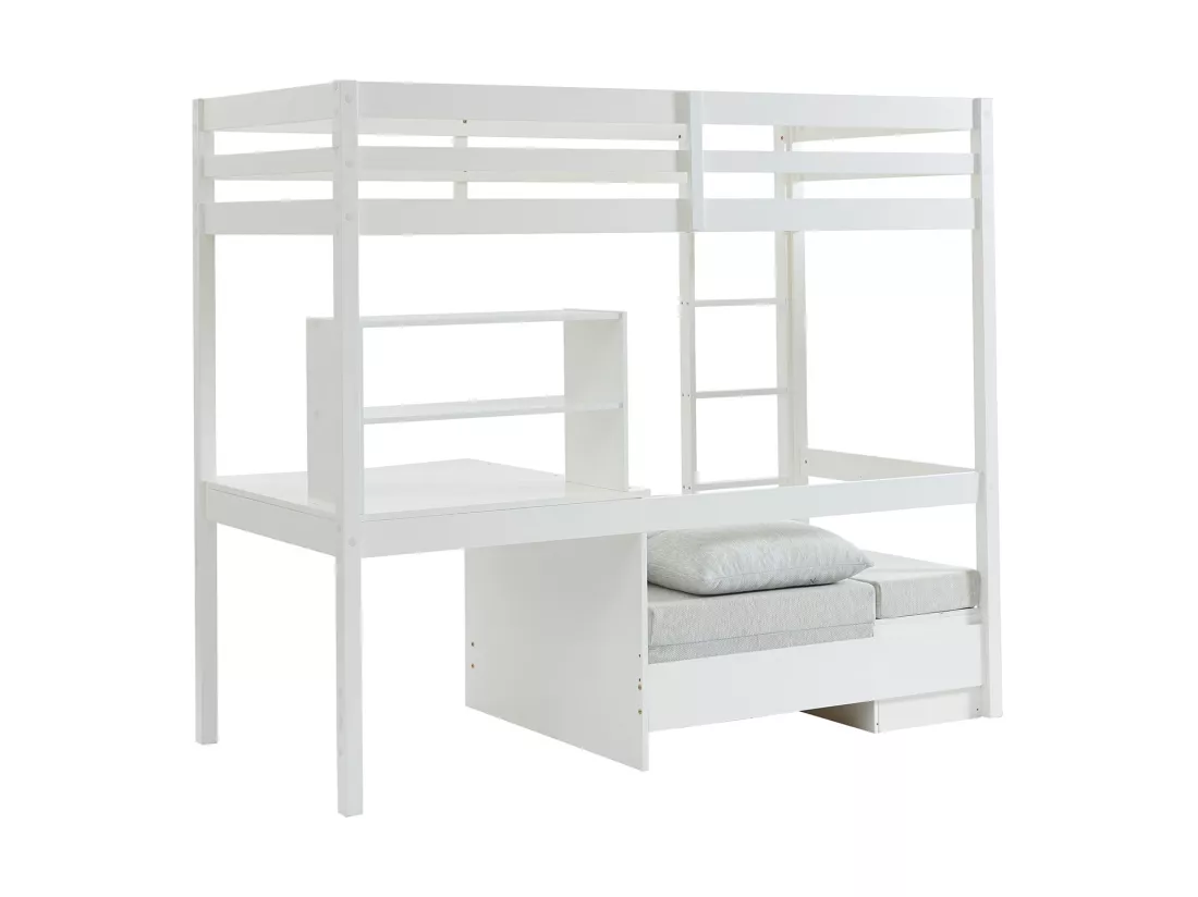 Lit mezzanine 90 x 200 cm avec bureau, sofa convertible et rangements - Pin et MDF - Blanc - GOLIATH III