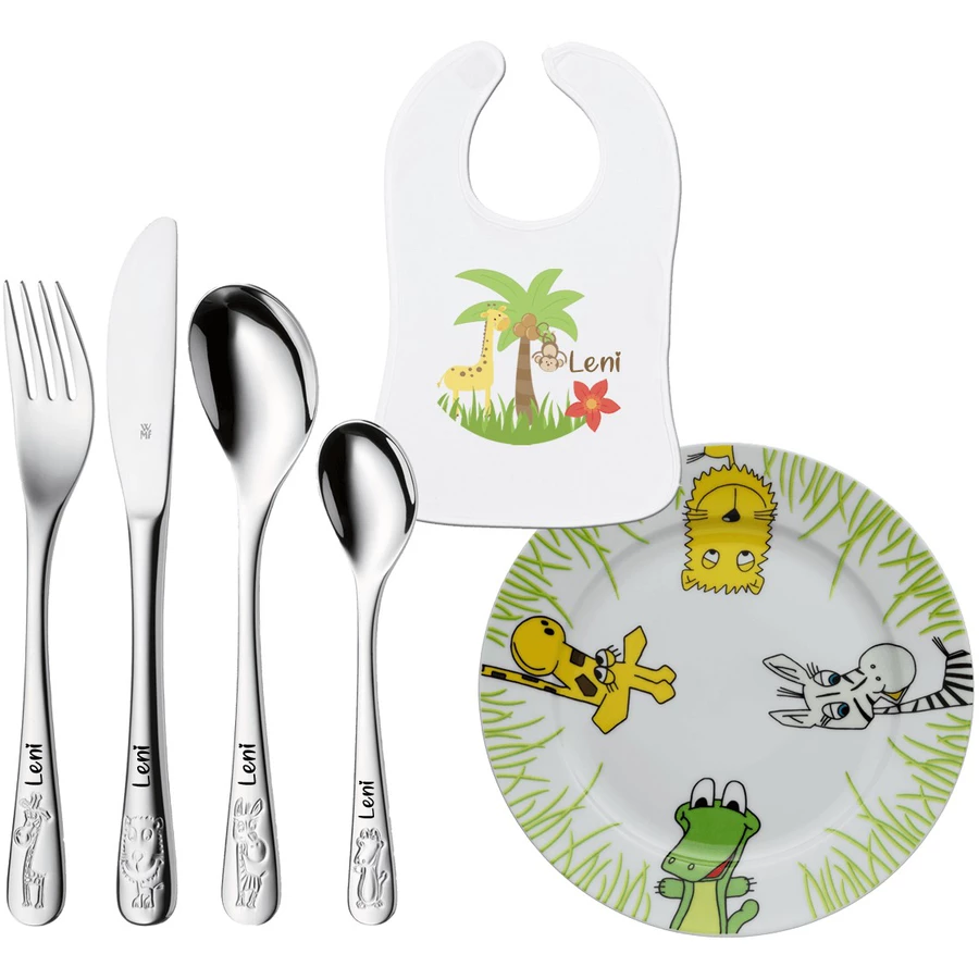 Schnullireich Geschenkset mit Namen Safari: WMF Kinderbesteck + Teller + Lätzchen 6-Teilig Silber