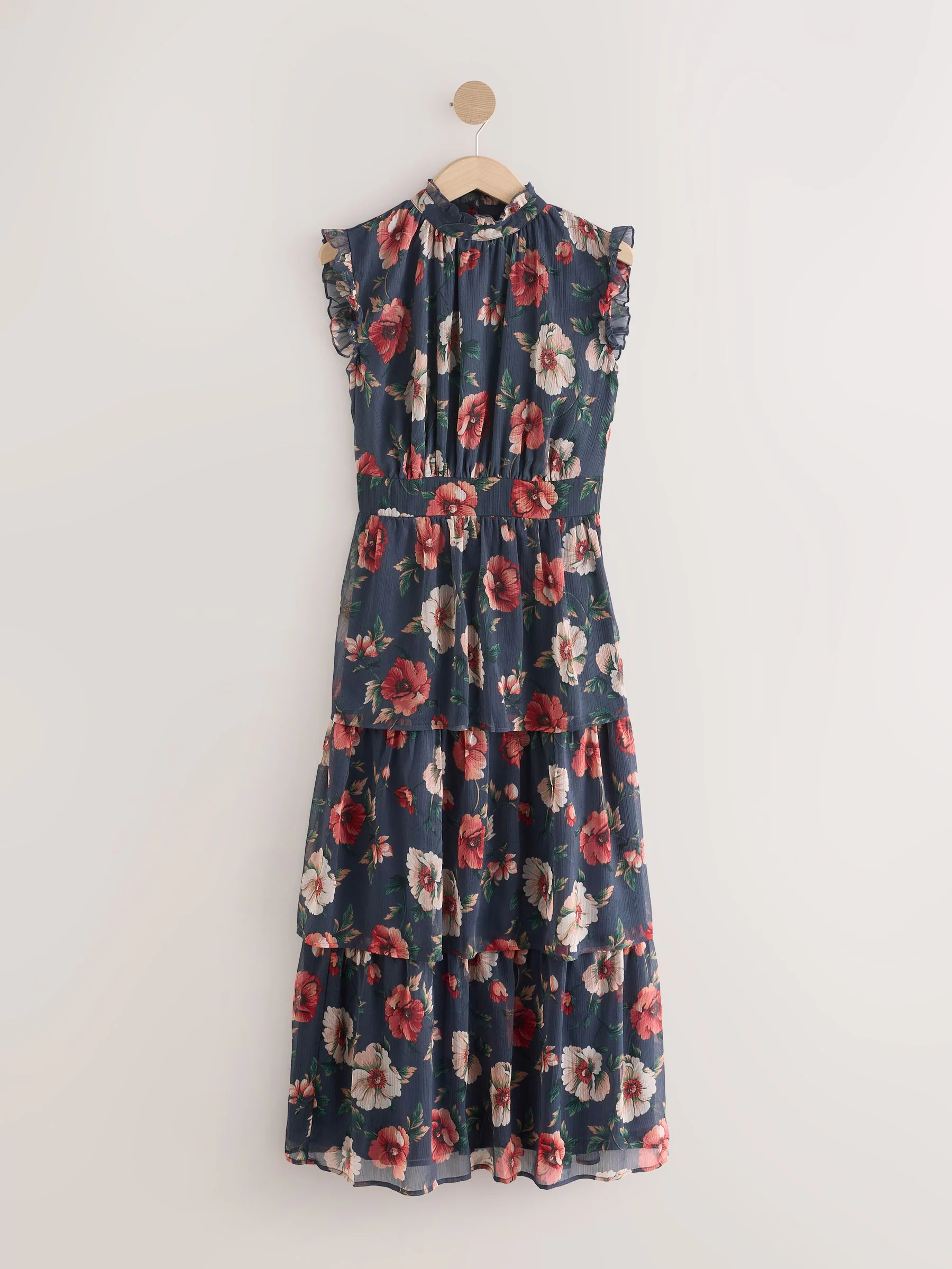 Marineblauw met bloemenprint - Gedrukte Maxi-jurk met hoge hals en tierlantijntjes