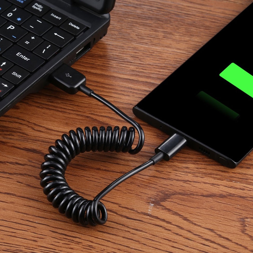 (Bis 80cm) Universal USB C auf USB A (Männlich) Ladekabel Spriralkabel dehnbar - Schwarz