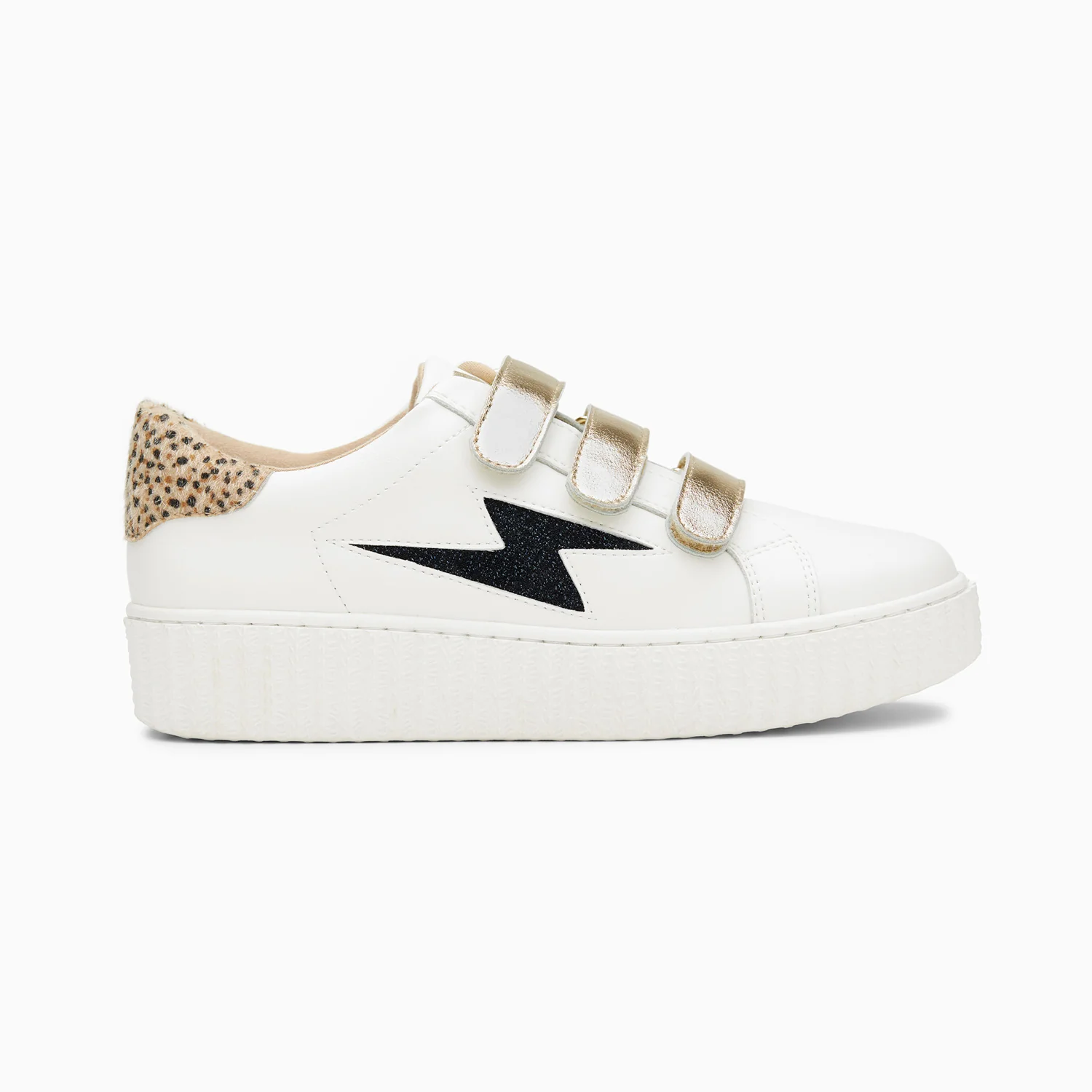Sneakers-Baskets éclair Darine blanc et guépard à scratchs or