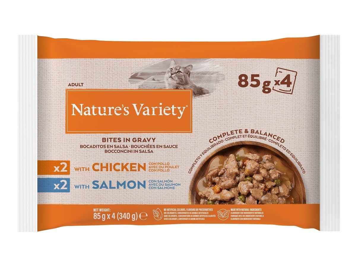 COMIDA HÚMIDA NATURE'S VARIETY GATO FRANGO/SALMÃO 4X85G