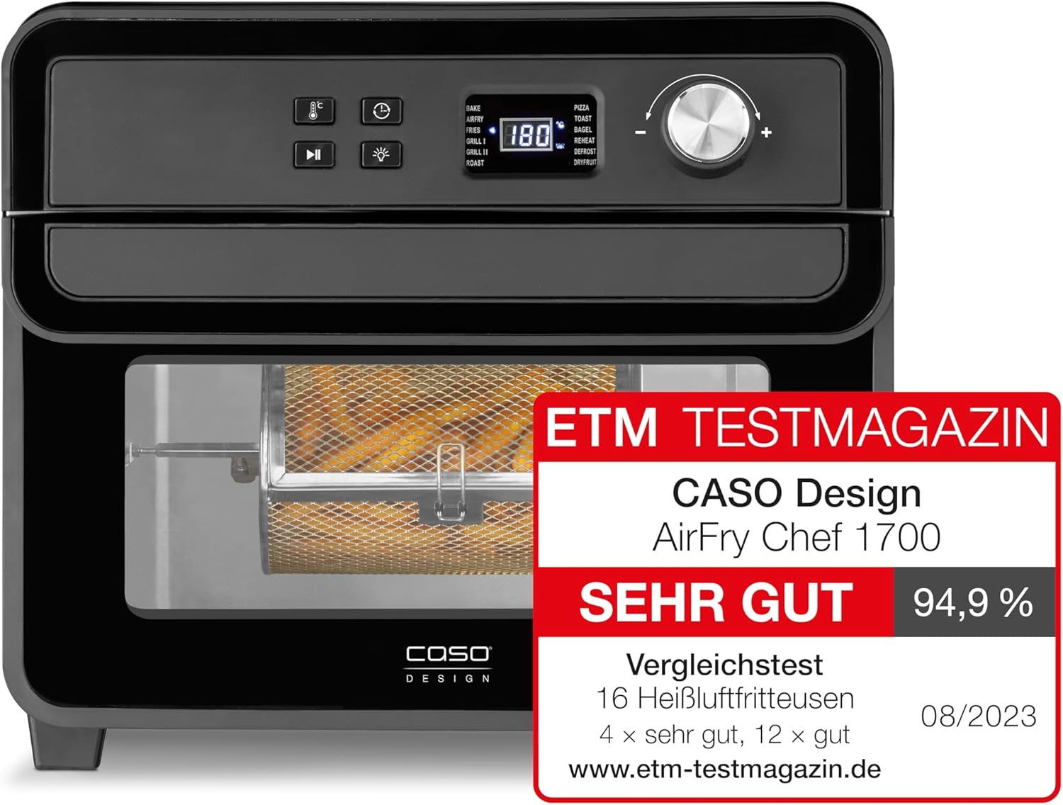 CASO AirFry Chef 1700 - Design Heissluftfritteuse, Testurteil: Sehr Gut, direkt startbereit ohne Aufheizen, 3 Einschubebenen, Temperaturbereich 40 °C bis 230 °C (5°C Schritten), Timer, 1700 Watt