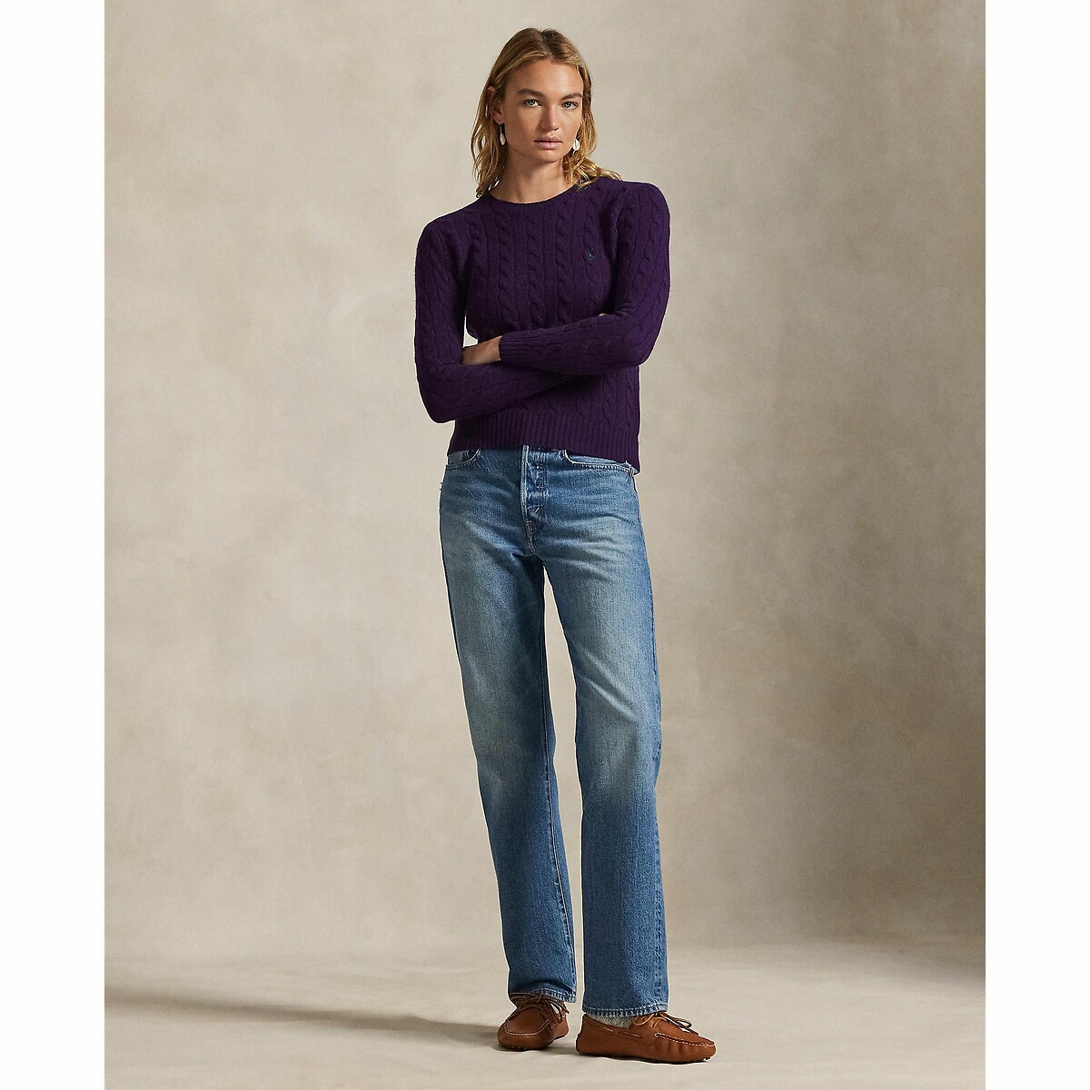POLO RALPH LAUREN<br>Suéter de gola redonda, tricô trançado em lã e cashmere