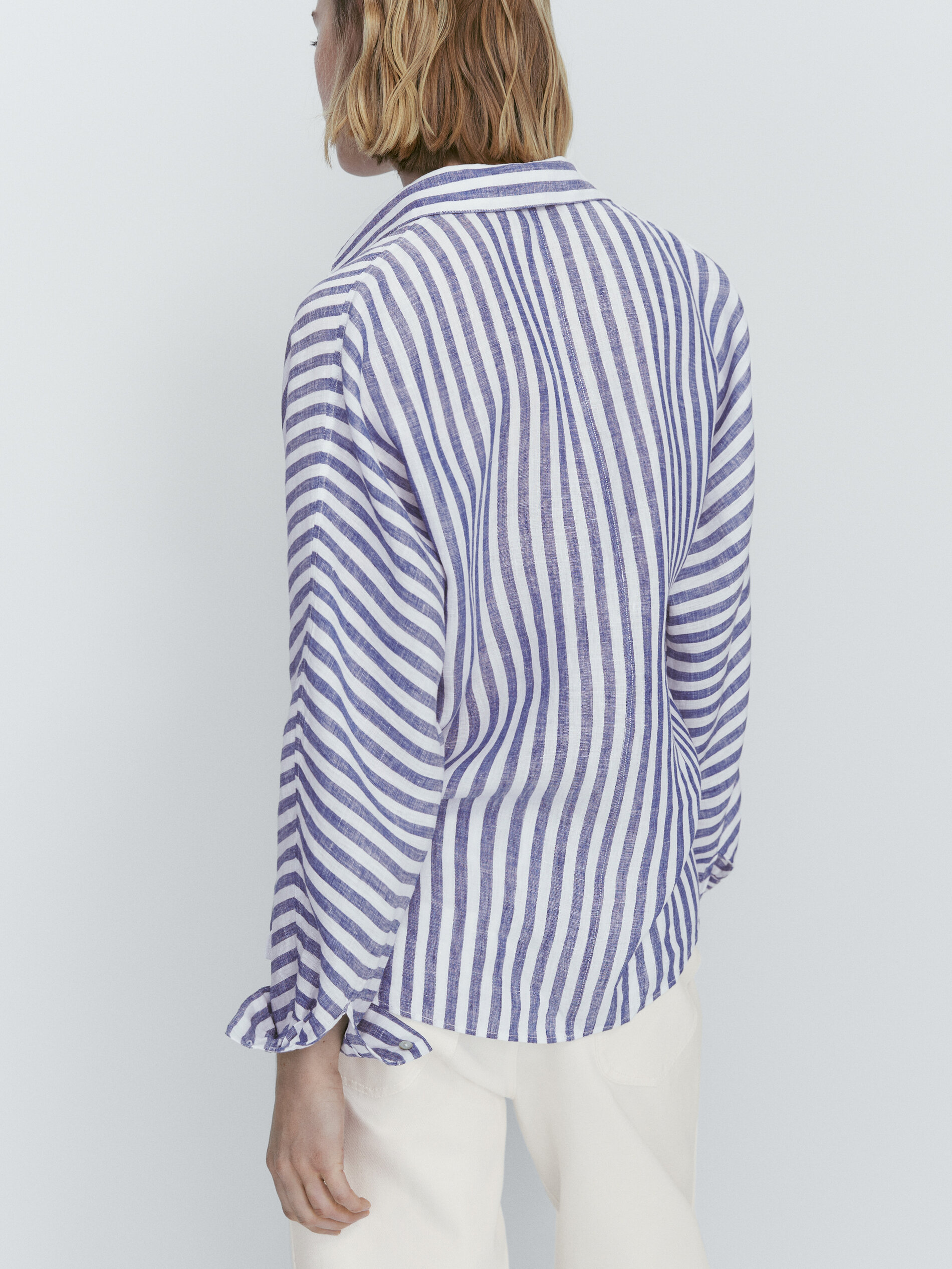 Camisa rayas bolsillos 100% linho - AZUL