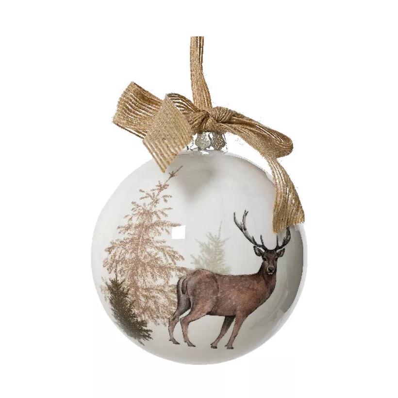 Boule de Noël (D100 mm) Cerf sauvage et noeud Naturel