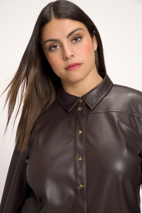 Bluse, Lederoptik, Hemdkragen, Quernaht, Langarm