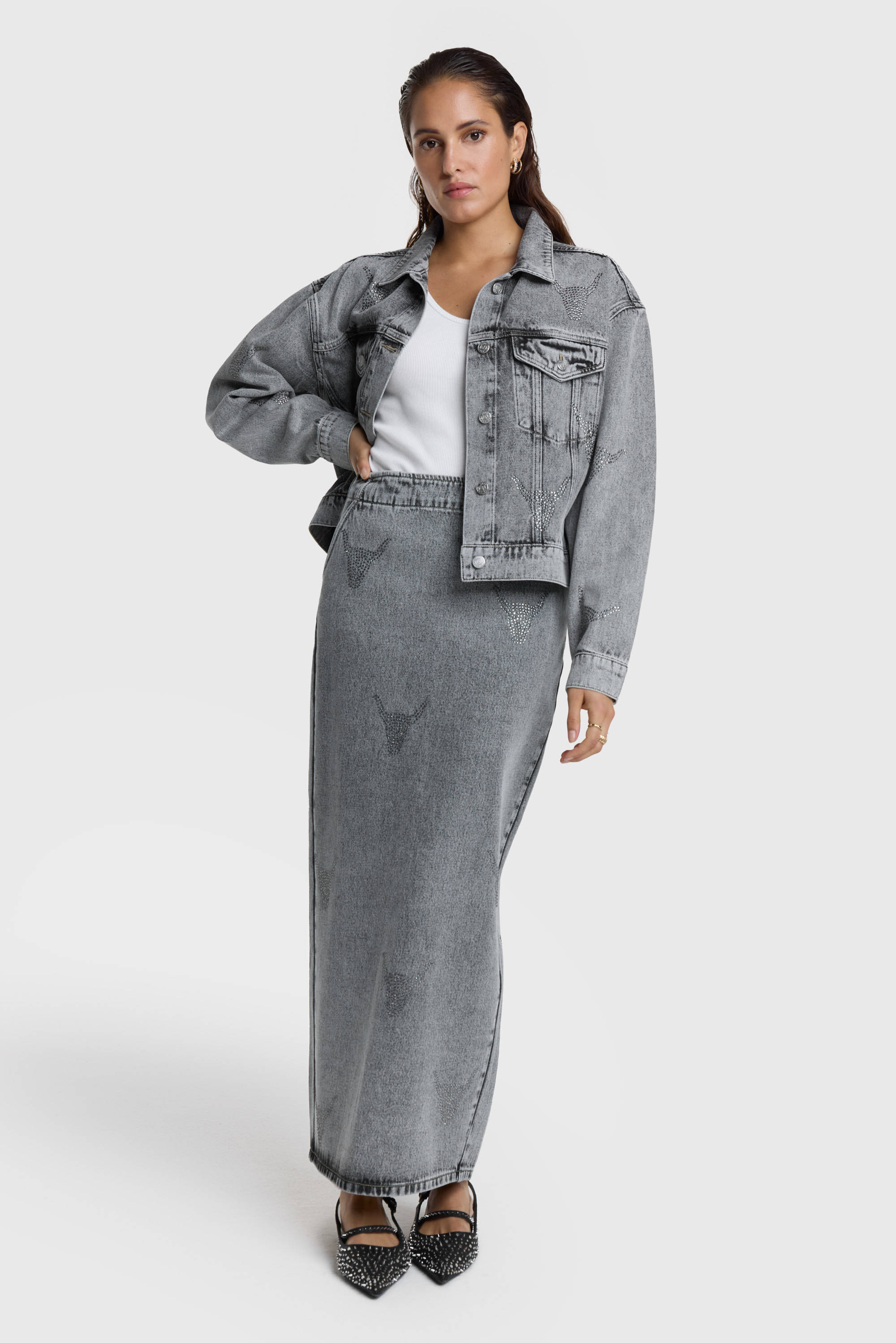 Alix the Label spijkerrok met strass steentjes grey denim