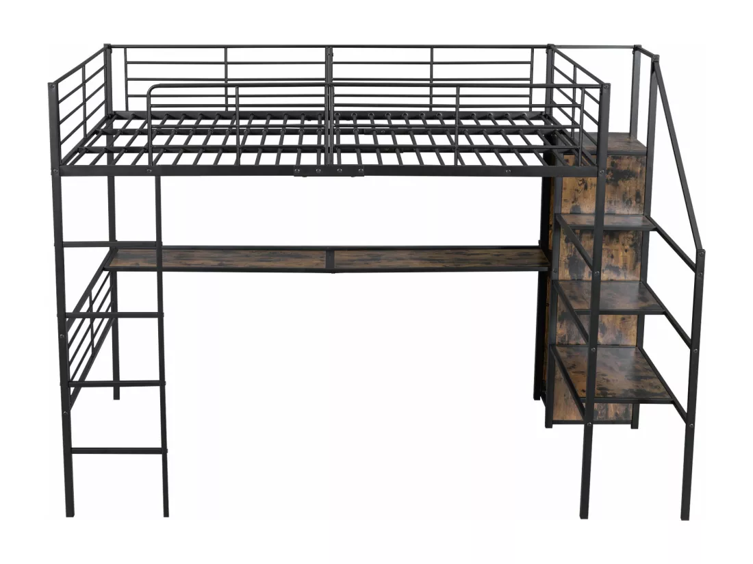 Lit mezzanine 140 x 200 cm avec bureau, armoire et marches de rangement - Métal + MDF - Noir (sans matelas)