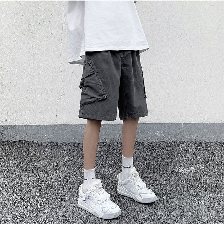 Femilina - Mid Rise Washed Buckled Cargo Shorts