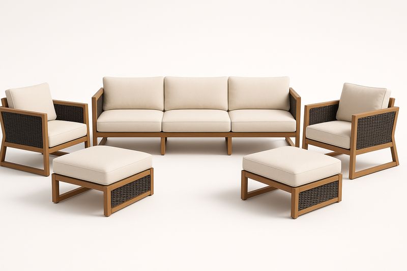 Gartensofa-Set aus massivem Holz und PE-Rattan mit beigen Polstern