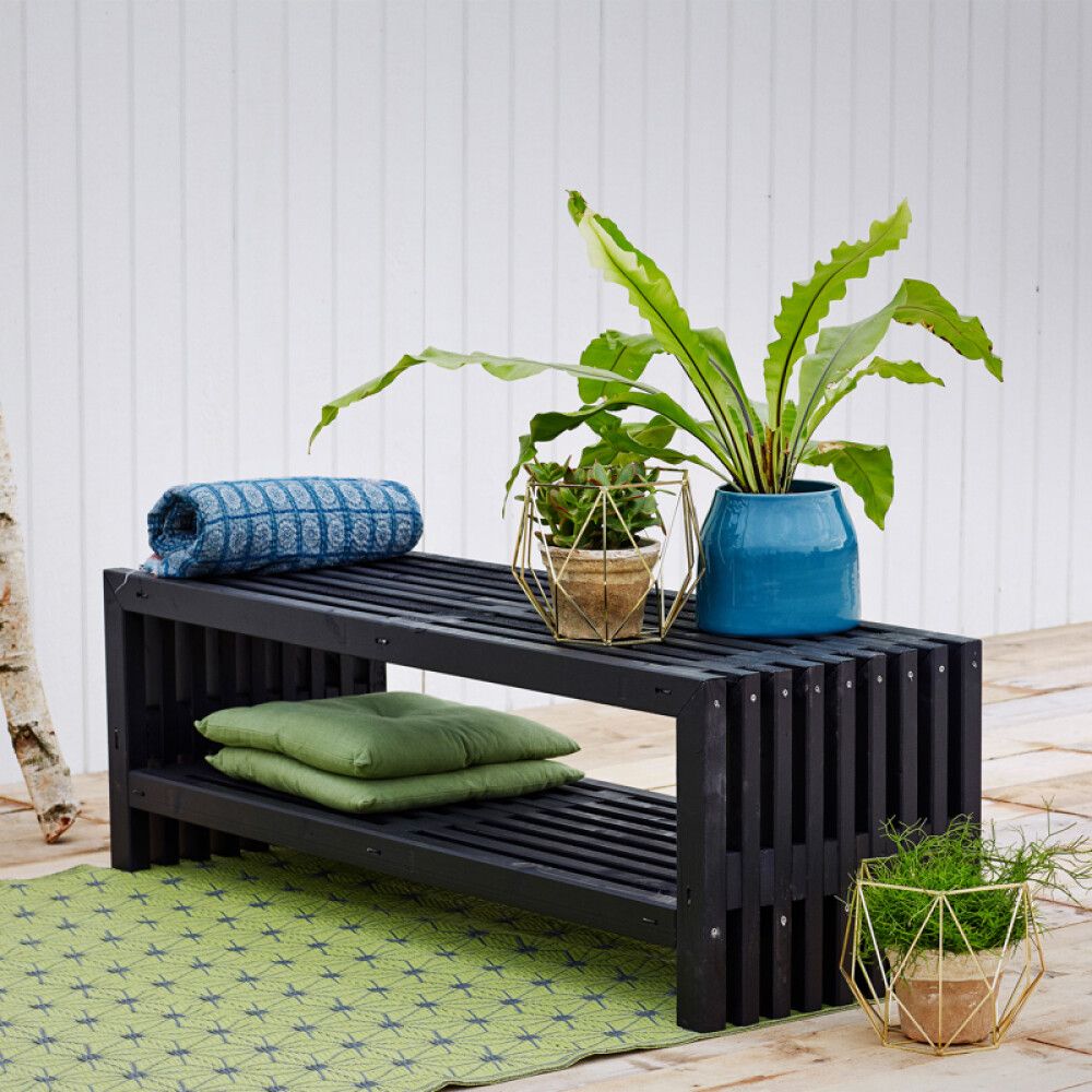 BENK PLUS TRALLEBENK/FLATBENK MED HYLLE 138CM SVART