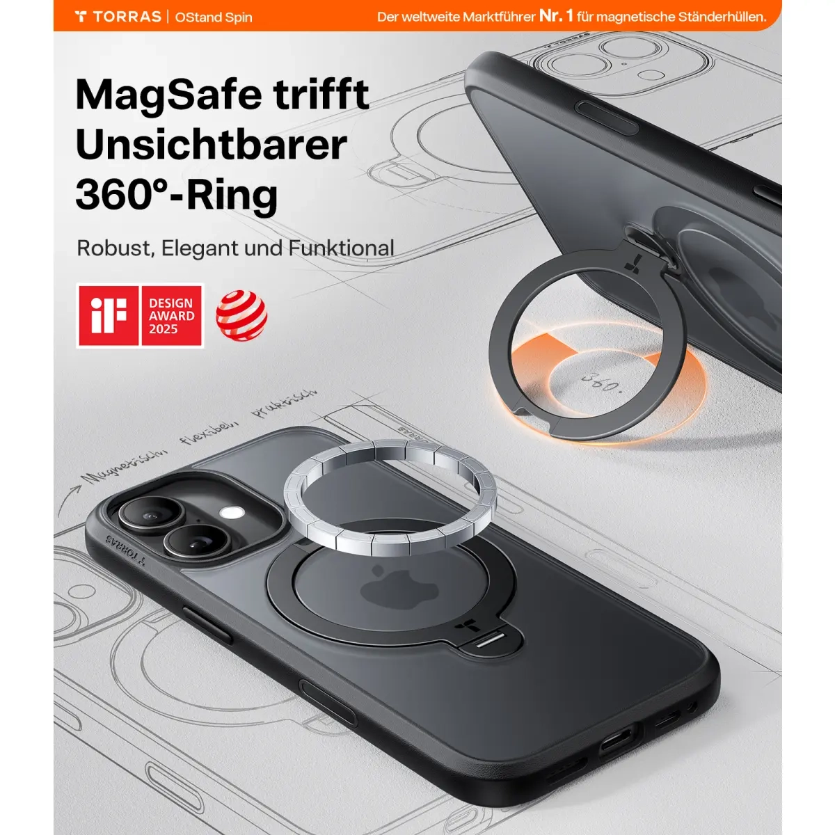 iPhone 17 Ostand 360° Spin MagSafe Hybrid Hardcase Hülle Ring Stand   Kickstand - Schwarz