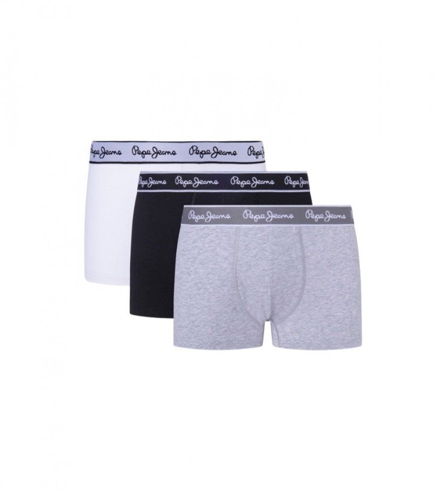 Pacote com 3 cuecas boxer Pepe Jeans com logo e elástico nas cores branca, preta e cinza.