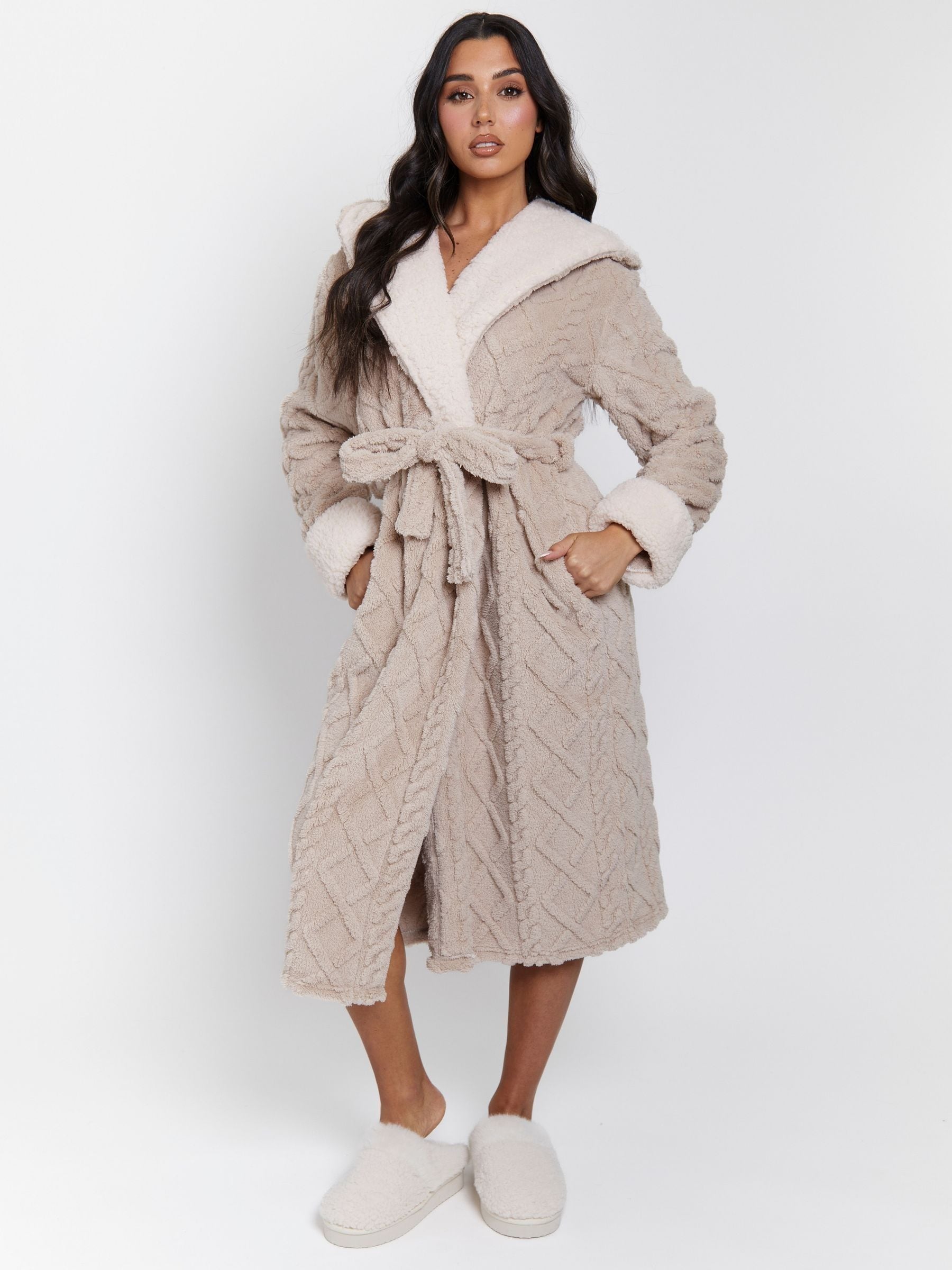Loungeable Cable Cutwork Hooded Midi Dressing Gown