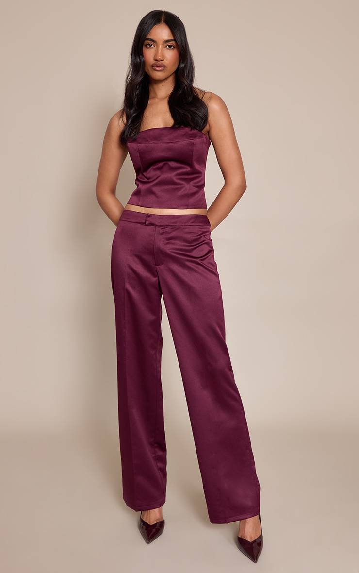 Dark Wine Pantalon Droit Taille Basse En Satin