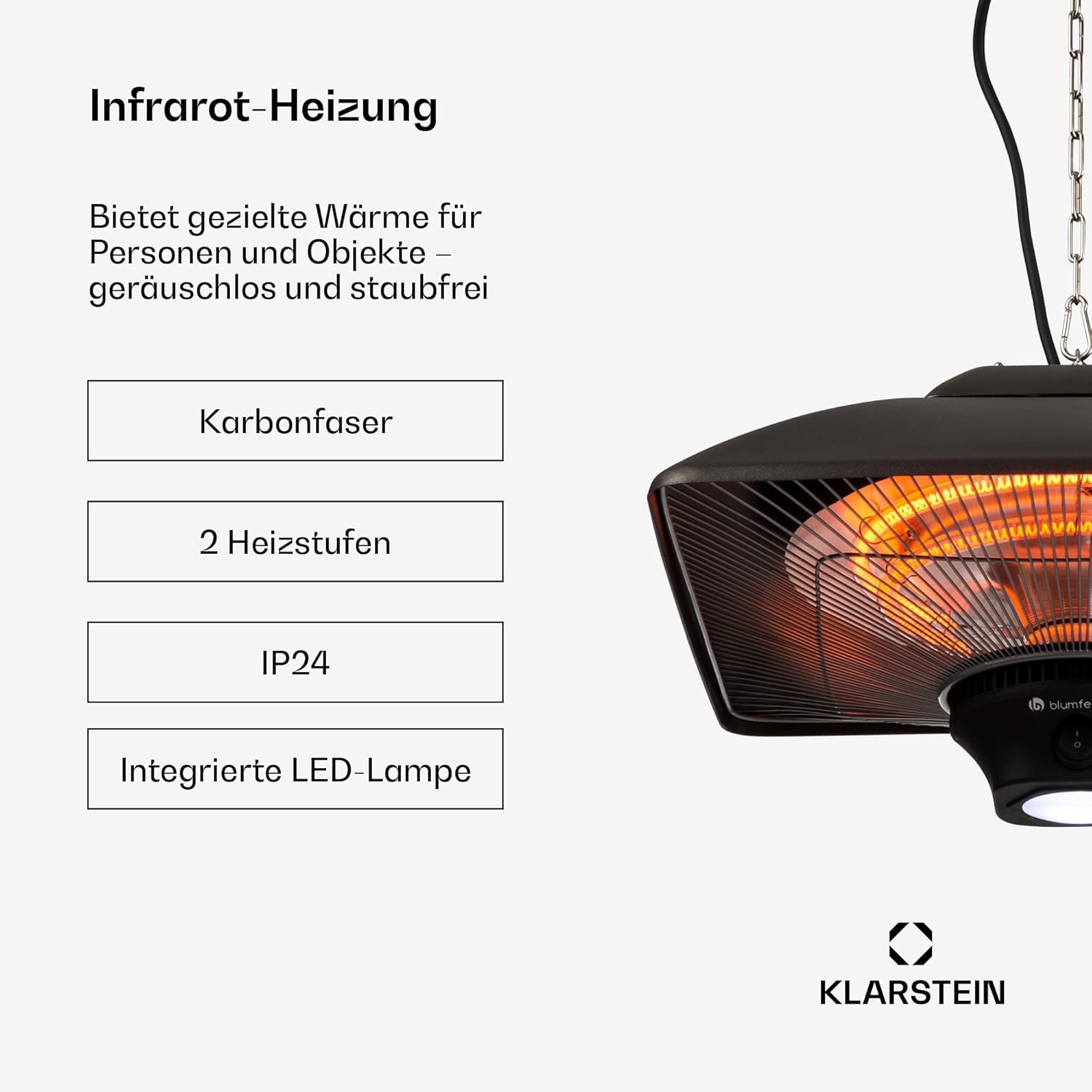 Blumfeldt Heizstrahler für die Terrasse, Infrarot Elektrisch, IP24 Infrarot für den Wintergarten & Aussenbereich, 2 Temperatur Terrassenheizstrahler mit Fernbedienung & LED