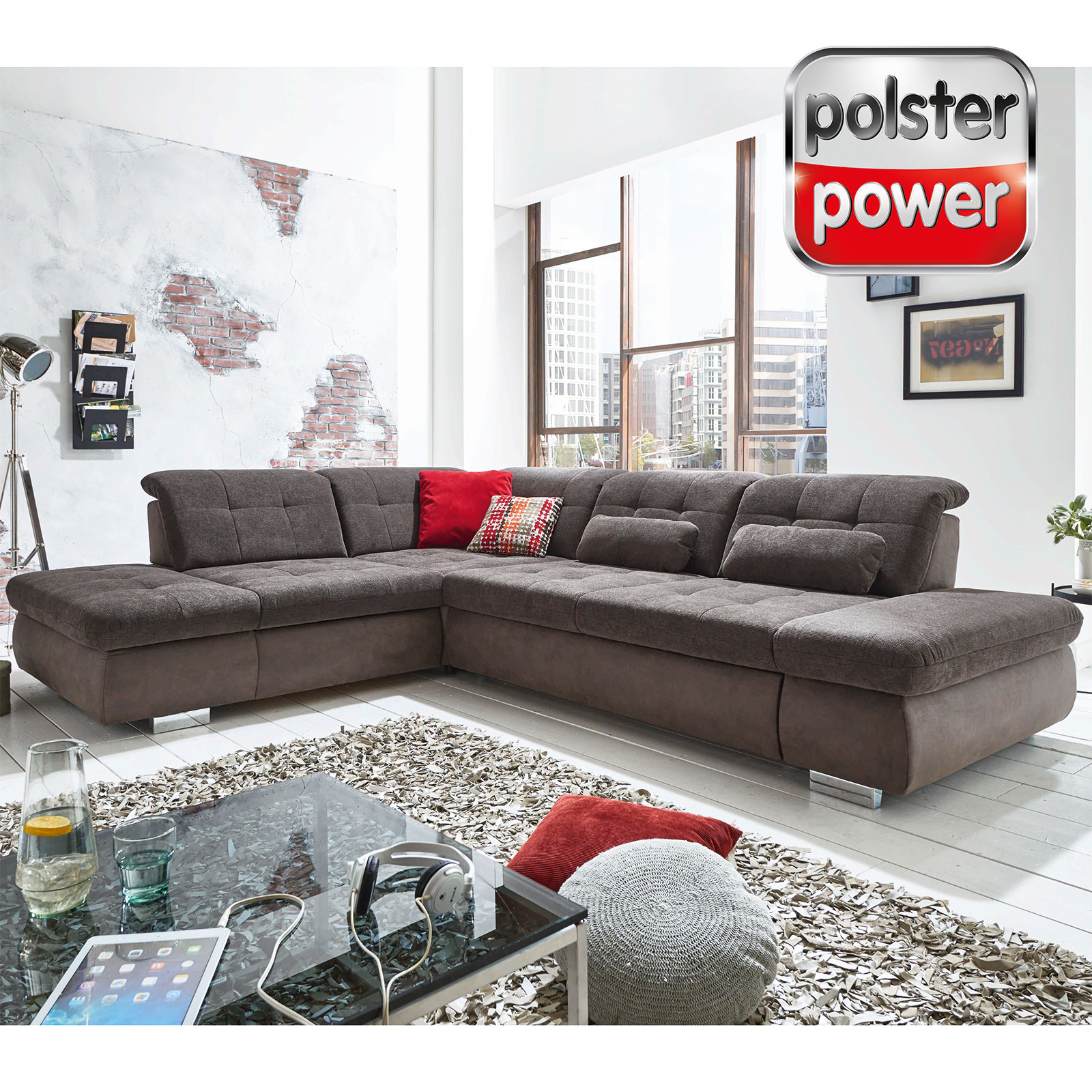 polsterpower Ecksofa - anthrazit-slate - Basismodell - Anstellhocker links