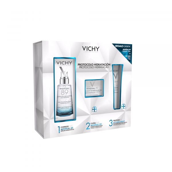 Vichy Mineral 89 Sérum Hidratante 50ml   Creme Hidratante Ligeiro 15ml   Capital Soleil UV-Age Daily SPF50  15ml Coffret