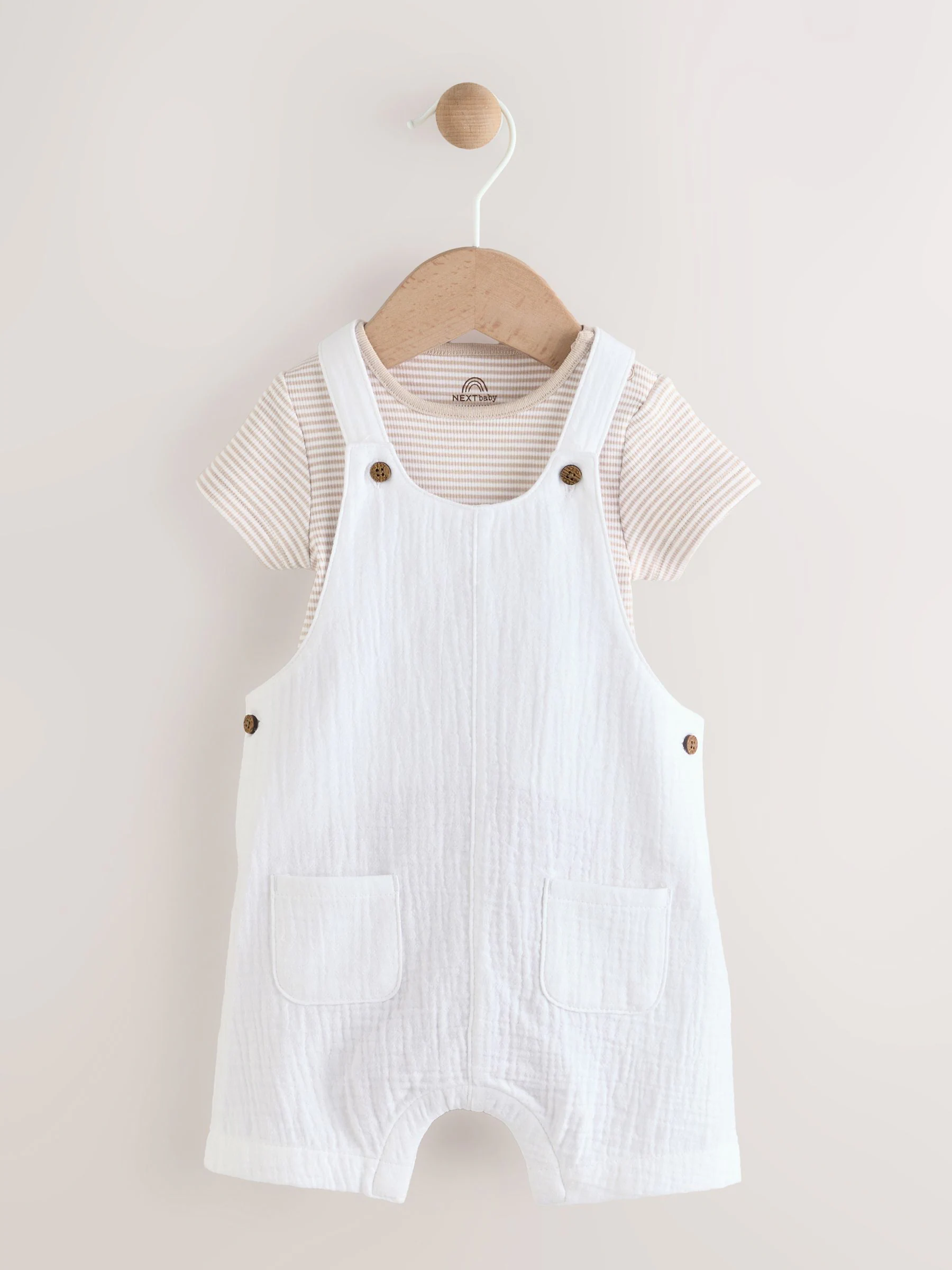 Wit/neutraal - Babyset van geweven tuinbroek en gestreepte romper (0mnd-2jr)