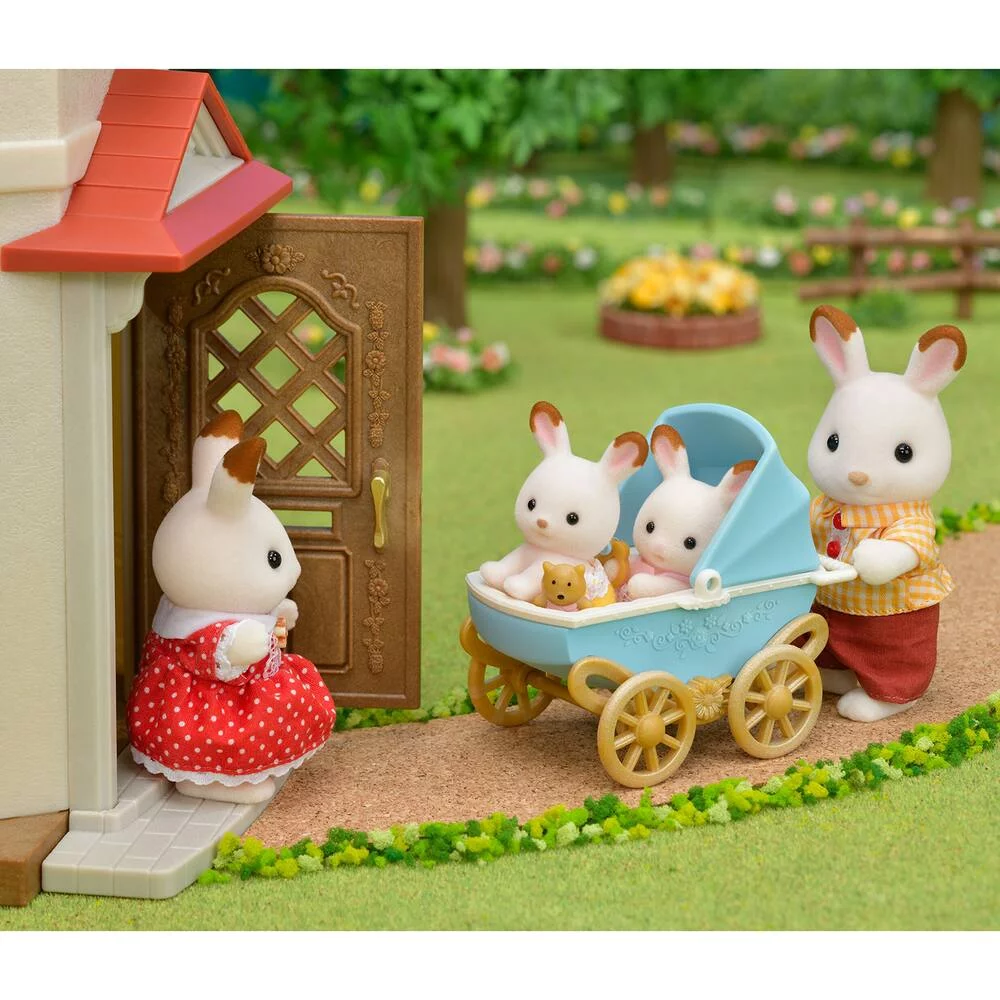 LES JUMEAUX LAPIN CHOCOLAT ET POUSSETTE DOUBLE - SYLVANIAN TOUT POUR BEBES