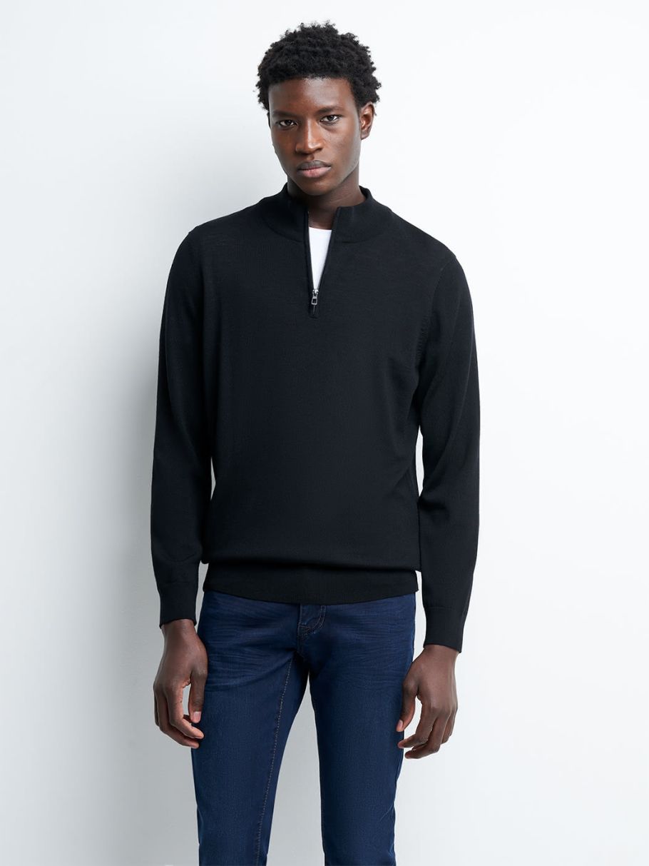 Pull col montant zippé en laine mérinos